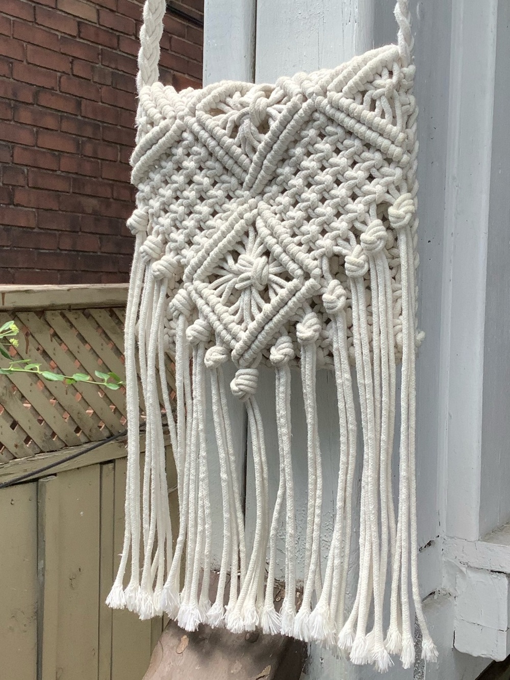 Handcrafted Macramé Fringe Crossbody Bag in Cream